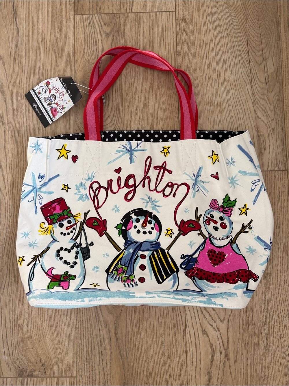 Brighton Cream Canvas Snowman Tote with Pink & Red Accents NWT